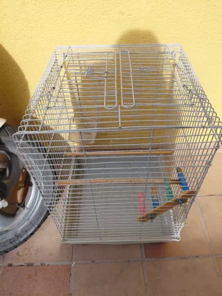 Jaula para pájaros gris y multicolor
