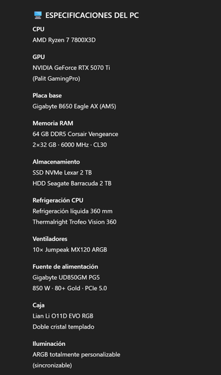PC Gaming 7800X3D + RTX 5070 Ti, 64GB DDR5