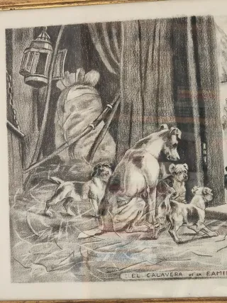 Dibujo antiguo de perros, con marco con vidrio