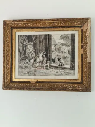 Dibujo antiguo de perros, con marco con vidrio