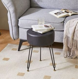 Nuovo Pouf in Pelle Nera con Piedi Metallici