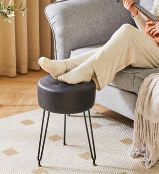 Nuovo Pouf in Pelle Nera con Piedi Metallici