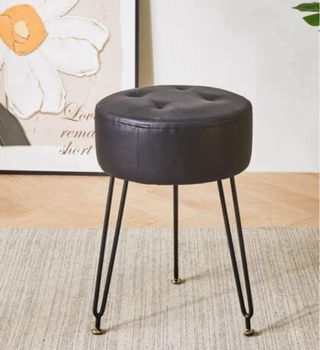 Nuovo Pouf in Pelle Nera con Piedi Metallici