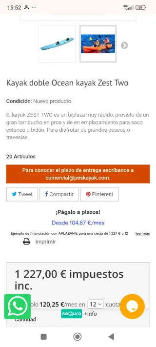 Kayak doble para 2 personas