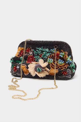 Bolso Zara Flores Bordadas Negro Multicolor.