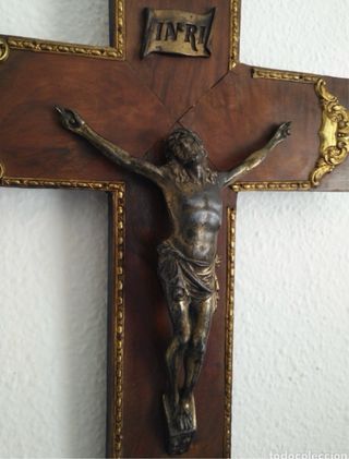 Crucifijo Antiguo Madera con Cristo INRI