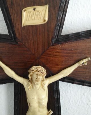 Antiguo Crucifijo Madera y Cristo Pasta