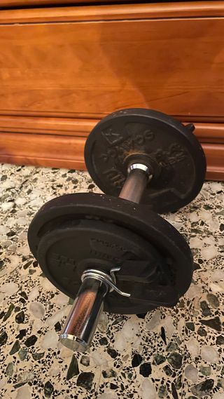 Barra, mancuernas y discos de pesas