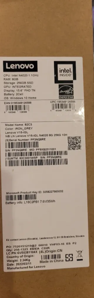 Ordenador Lenovo V15 - IGL Gris