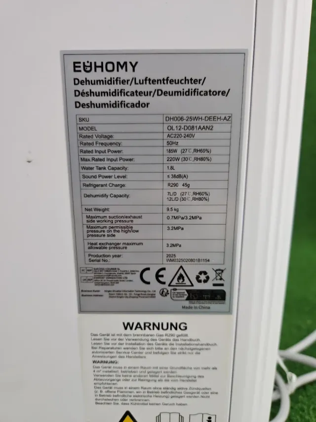 Deshumidificador EUHOMY 12L Blanco