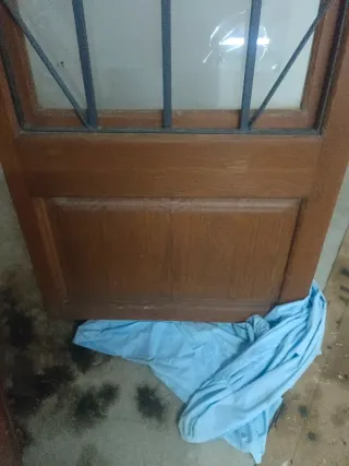 Puerta Madera y Hierro con Reja  y cristal .