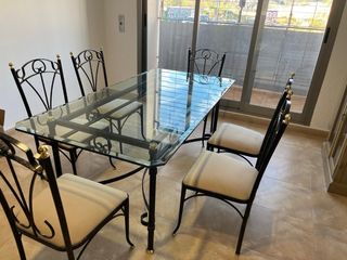 Mesa forja cristal y 6 sillas
