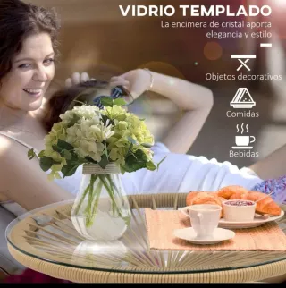 Mesa auxiliar ratán sintético y cristal