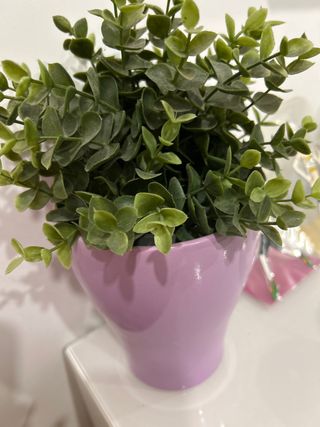 Planta artificial verde en maceta lila