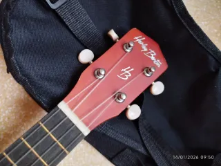 Ukelele marrón con funda negra