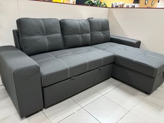 Sofá cama chaise longue gris con arcón