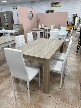 Mesa comedor + 6 sillas polipiel blanco