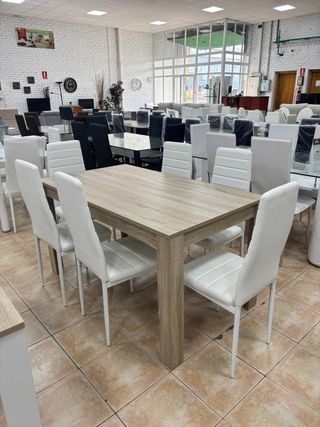 Mesa comedor + 6 sillas polipiel blanco