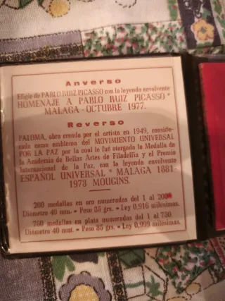 Medalla Homenaje Picasso Málaga Octubre 1977