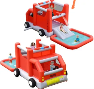 Castillo hinchable camión bomberos con piscina
