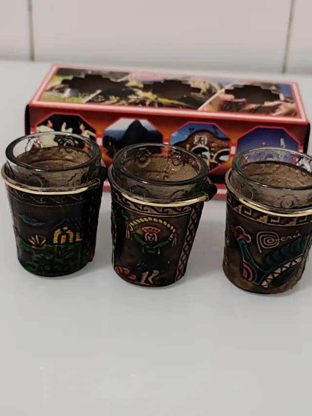 Vasos de Chupito Perú Vidrio Cuero Set 3