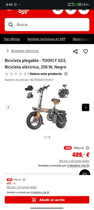 Bicicleta Eléctrica Plegable Negra