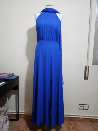 Vestido fiesta largo azul con abertura