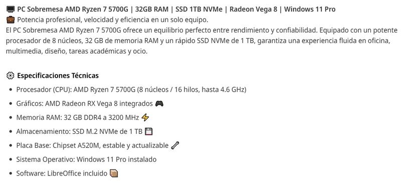 PC Sobremesa Gamer AMD Ryzen 7 5700G 32GB RAM 1TB afbeelding 4