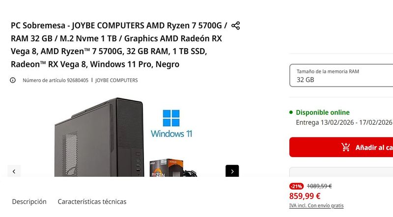 PC Sobremesa Gamer AMD Ryzen 7 5700G 32GB RAM 1TB afbeelding 7