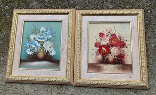 2 Quadri a Olio con Fiori, Cornice Dorata