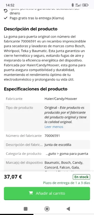 Goma para puerta-junta escotilla lavadora