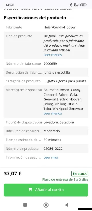 Goma para puerta-junta escotilla lavadora