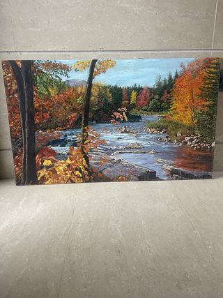 Cuadro paisaje río otoño madera