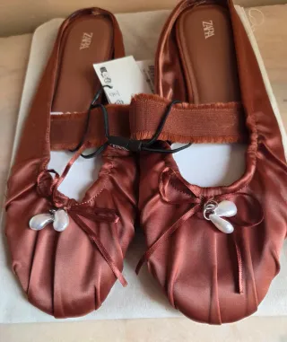 Bailarinas Zara Marrón Satinadas Perlas