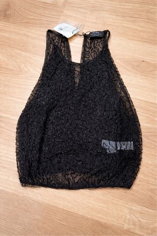Top Bershka abalorios negro talla S
