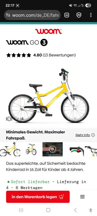 Bicicleta Woom 3 Amarilla