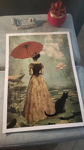 Poster A3 Donna con Ombrello e gatto - Carta 250gr