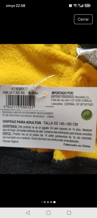 Disfraz Abeja .Talla XS. Nuevo