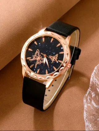 Reloj + pulsera a juego para mujer Negro y dorado