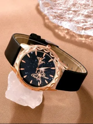 Reloj + pulsera a juego para mujer Negro y dorado