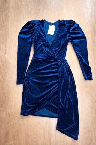 Vestido Terciopelo Azul Escote Pico