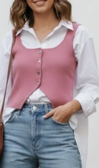 Chaleco de punto Zara rosa empolvado botones joya