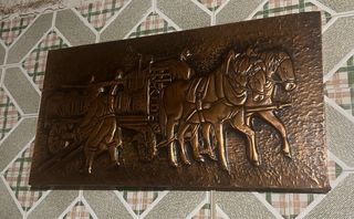 Cuadro de cobre vintage caballos y carreta