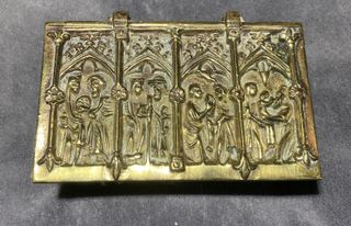 Antiguo Cofre Joyero Neogótico Bronce