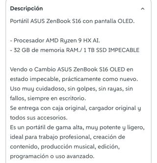 ASUS Zenbook S16 AI 9 32/1TB MEMORIA.