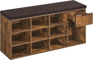 Banco Zapatero, Banco Contenedor Con Cajón Y Compartimentos Abiertos, Estante Para Zapatos, Asiento Acolchado, Entrada Dormitorio, 30 X 104 X 48 Cm, Marrón Vintage Y Marrón LHS024T01