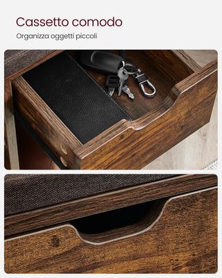 Banco Zapatero, Banco Contenedor Con Cajón Y Compartimentos Abiertos, Estante Para Zapatos, Asiento Acolchado, Entrada Dormitorio, 30 X 104 X 48 Cm, Marrón Vintage Y Marrón LHS024T01