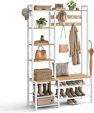 Perchero de Entrada con Banco, Zapatero y 5 Estantes para Objetos, 9 Ganchos para Abrigos y 6 Ganchos Laterales, 40 x 120 x 190 cm, Roble Dorado y Blanco Nublado HSR426Y01