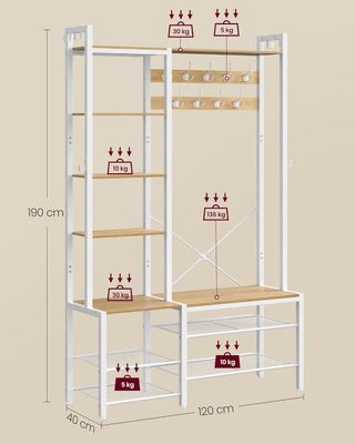 Perchero de Entrada con Banco, Zapatero y 5 Estantes para Objetos, 9 Ganchos para Abrigos y 6 Ganchos Laterales, 40 x 120 x 190 cm, Roble Dorado y Blanco Nublado HSR426Y01
