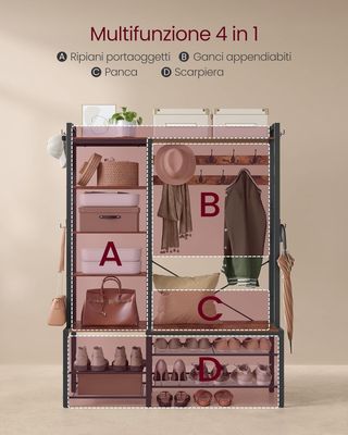 Perchero de Entrada con Banco, Zapatero y 5 Estantes para Objetos, 9 Ganchos para Abrigos y 6 Ganchos Laterales, 40 x 120 x 190 cm, Marrón Vintage y Negro Tinta HSR426B01